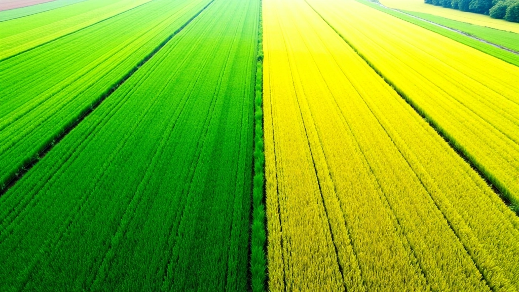 Comparison of healthy green crop field section versus stressed yellowing crop section showing visual stress symptoms