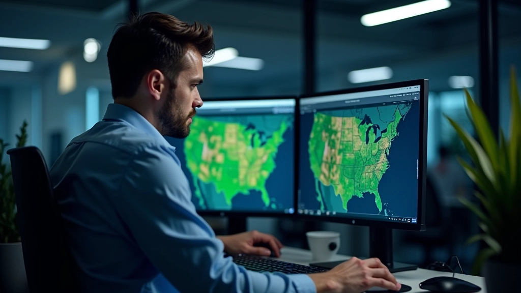 Data analyst at computer workstation reviewing satellite imagery layers and creating variable-rate application maps with professional software