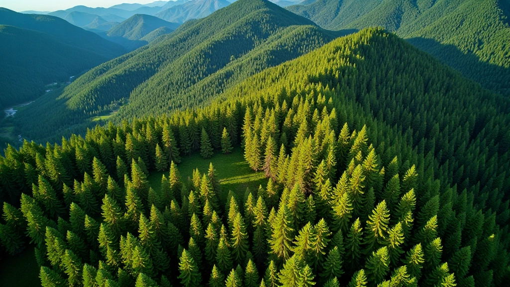 Aerial drone photo of mixed forest canopy with patches of brown and dead trees interspersed among green healthy forest, hillside terrain, bright daylight